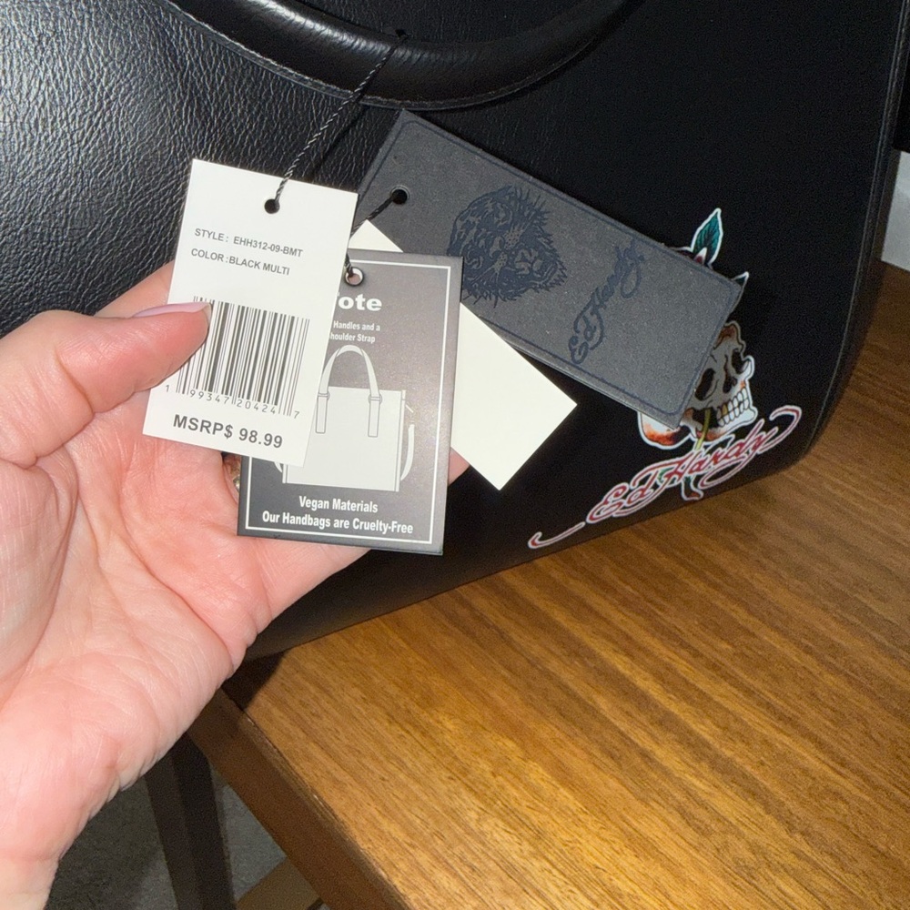 NWT Ed Hardy Jeweled Black Satchel with Floral Skull Design With Crossbody Strap - Picture 6 of 9